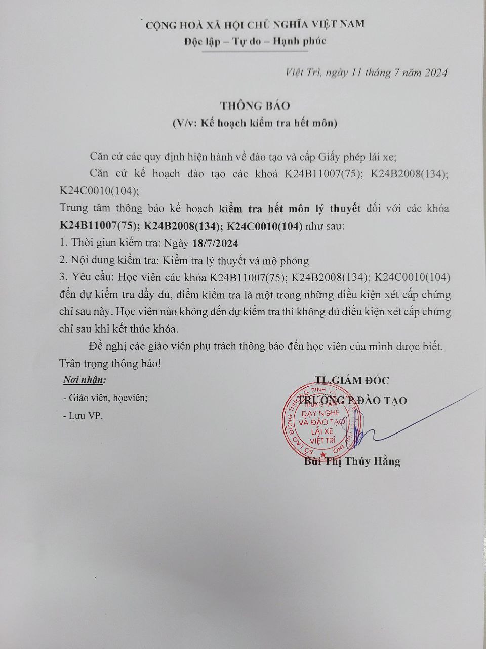 KẾ HOẠCH KIỂM TRA HẾT MÔN lý thuyết đối với các khóa B11k75, B2k134, Ck104